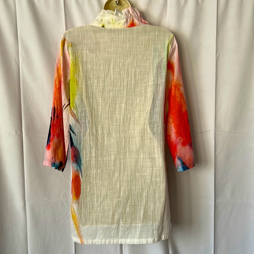 Soft Surroundings Colorful Ruffle Collar 3/4 Sleeve Cotton Tunic Top Size S - Picture 2 of 3